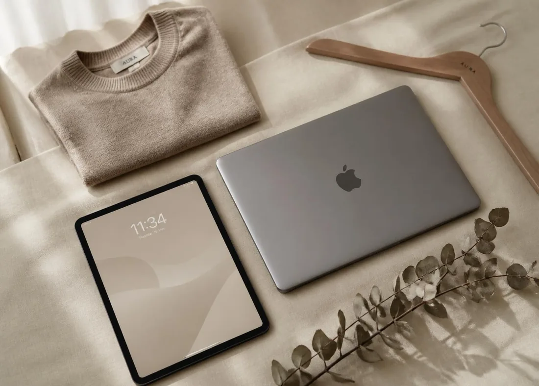 MacBook, iPad a béžový svetr na lněné látce